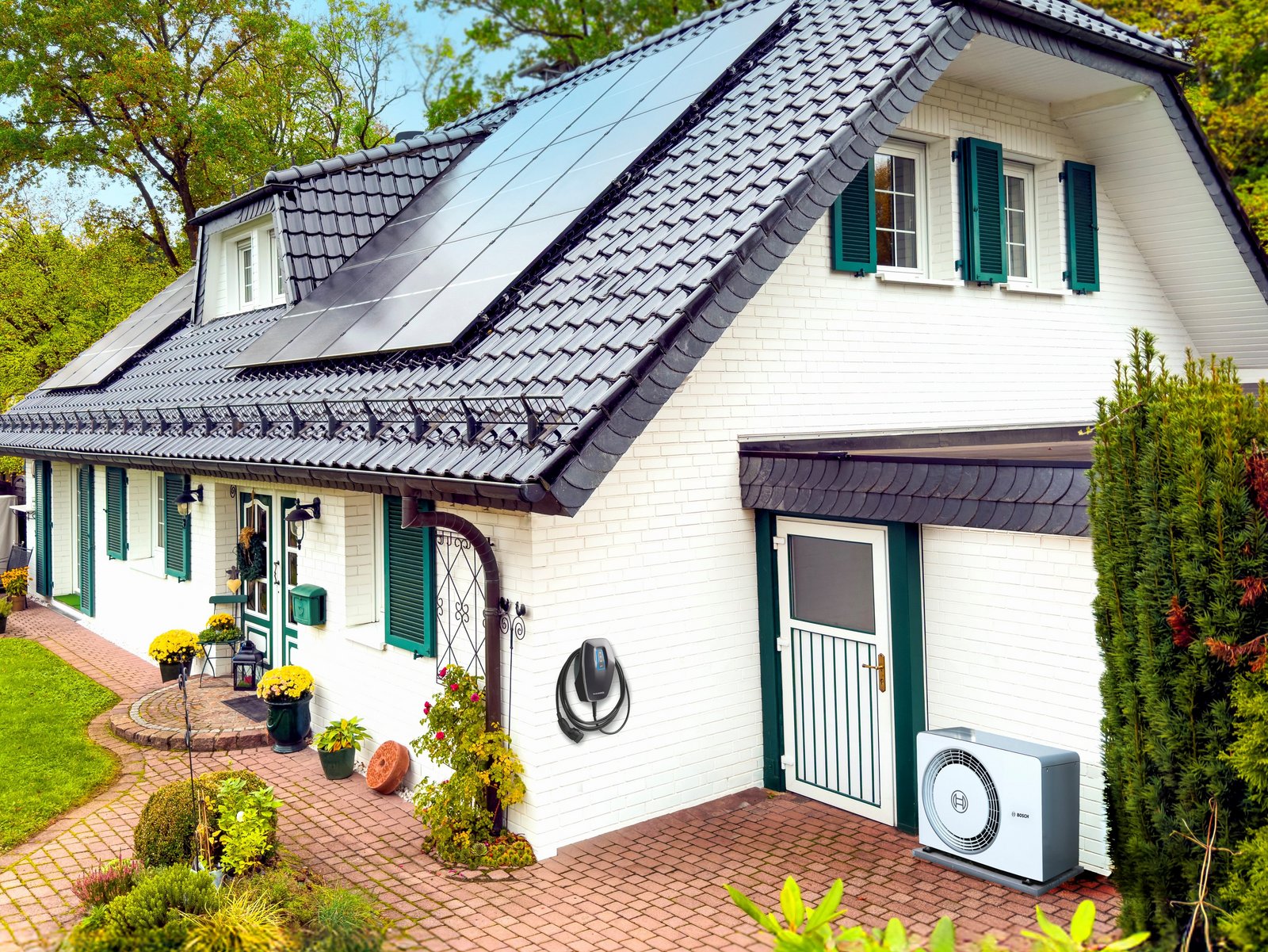 Haus mit PV-Anlage, Wallbox und Wärmepumpe