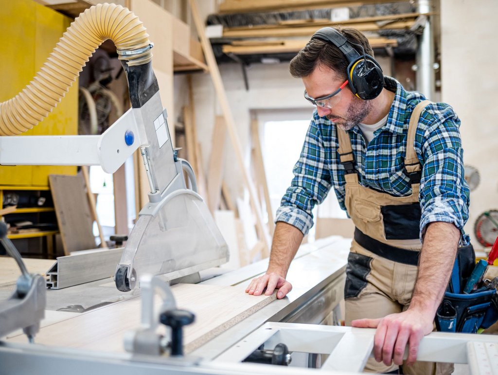 Mann arbeitet an Maschine zum Holz schneiden