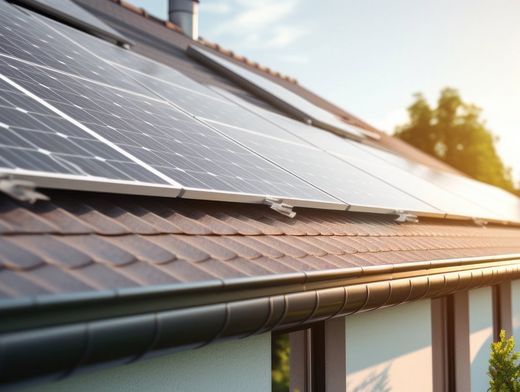 Ausschnitt einer Photovoltaikanlage auf dem Dach eines Hauses