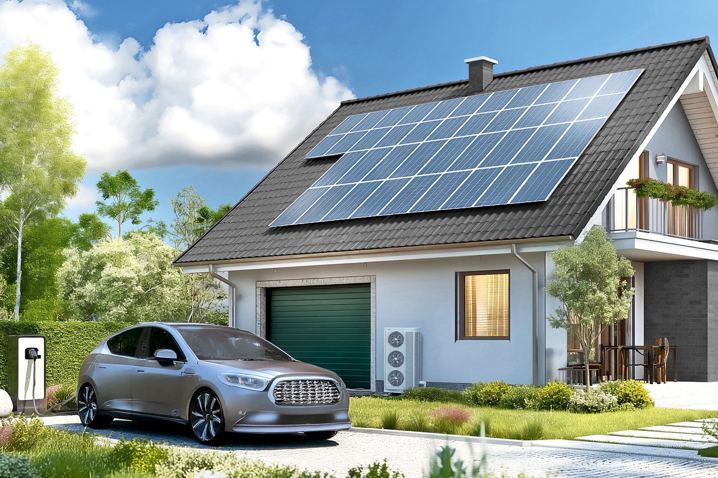 ein Haus mit einem E-Auto, einer Wallbox und einer Wärmepumpe